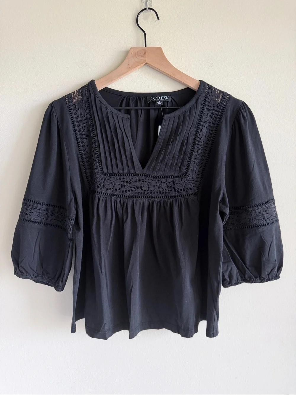 J.Crew Lace Trim Puff Sleeve Shirt Black Cotton Jersey Top Medium NWT